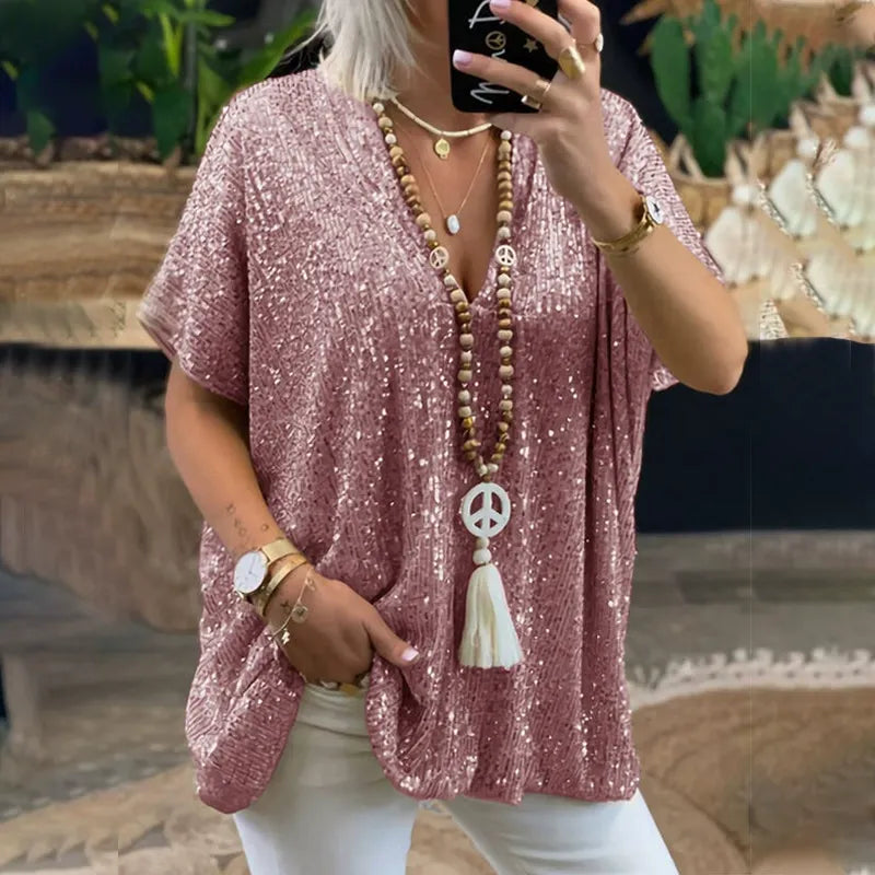 Women's T-shirt – V-neck – Relaxed fit – Sequin embellished – Short sleeve