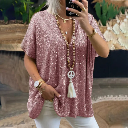 Women's T-shirt – V-neck – Relaxed fit – Sequin embellished – Short sleeve