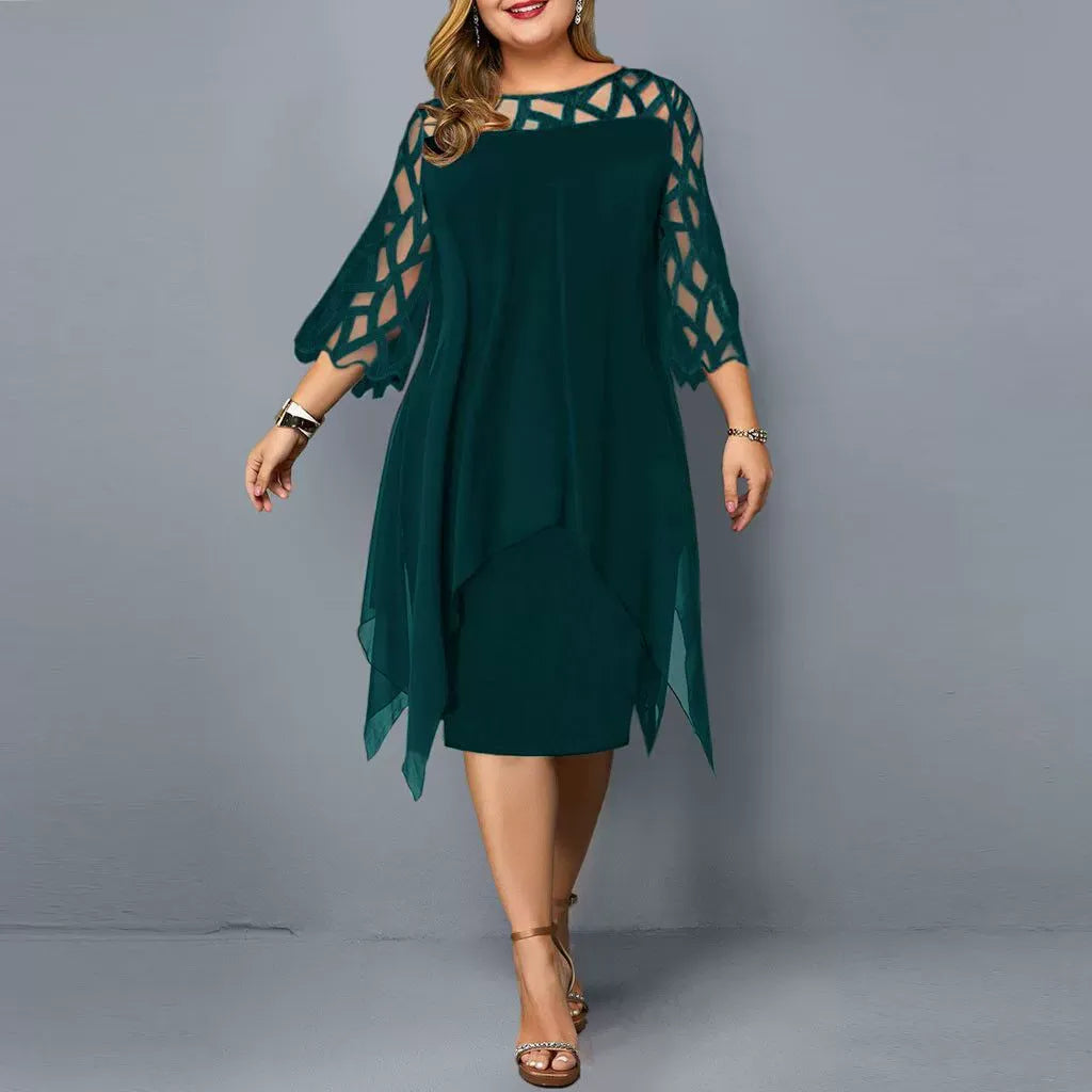 Dress woman midi – Chiffon – Lace details – Asymmetric hem – 3/4 sleeve – Loose fit