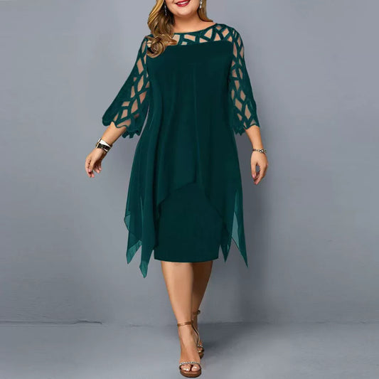 Dress woman midi – Chiffon – Lace details – Asymmetric hem – 3/4 sleeve – Loose fit