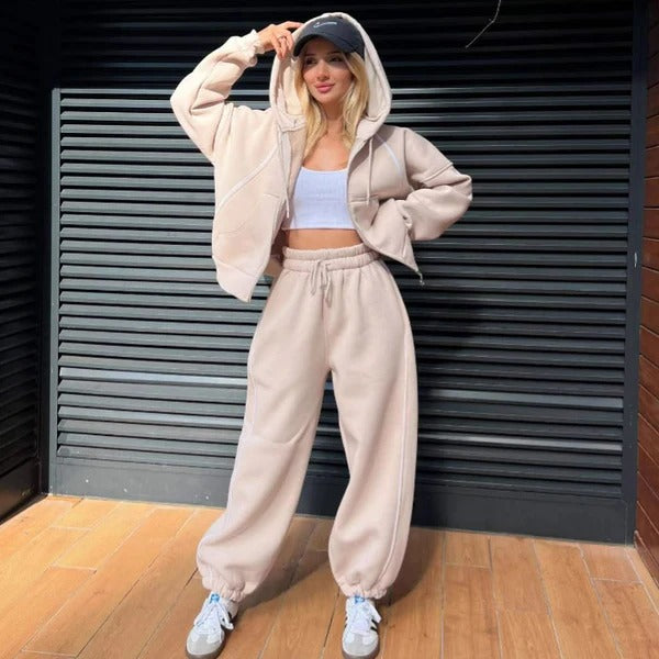 Women's Tracksuit – Oversized Fit – Soft Cotton Fleece – Zipper and Drawstring