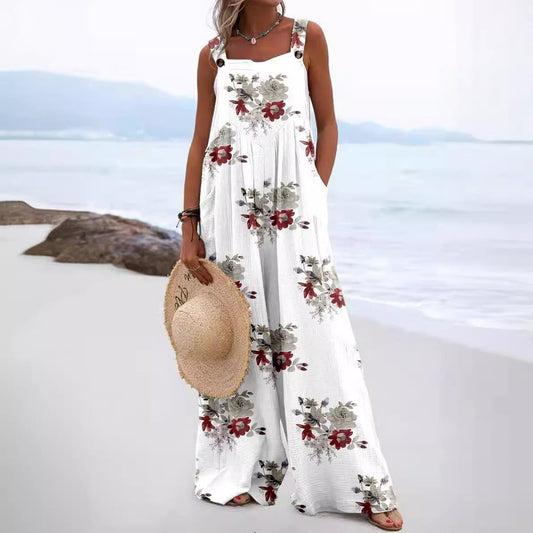 Women's jumpsuit – relaxed fit – wide legs – sleeveless – cotton feel – pockets