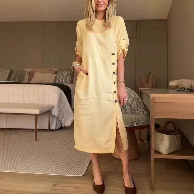 Women's Midi Dress – Relaxed Fit – Linen Cotton – Short Sleeves – Side Buttons