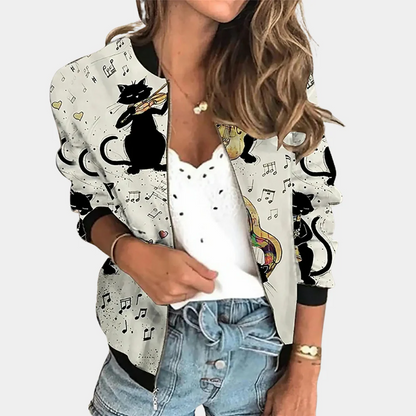 Women's Bomber Jacket – Relaxed Fit – Lightweight Fabric – Rib Knit – Floral Pattern