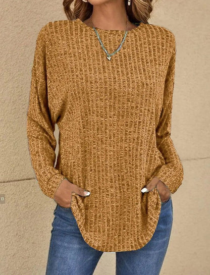Women's Long-Sleeve Top – Relaxed Fit – Ribbed Knit – Hip-Length Everyday Use