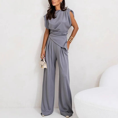 Women's Two-Piece Set – Sleeveless Asymmetric Top – Wide High-Waisted Pants – Breathable Fabric