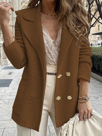 Women's Jacket Coat – Tailored Fit – Ribbed Texture – Double-Breasted – Collar