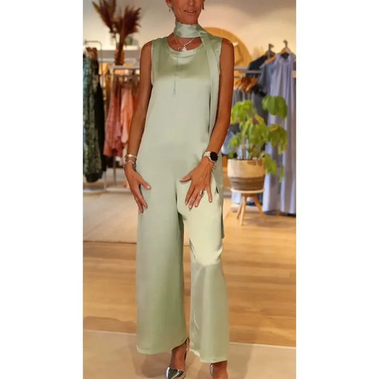 Women's jumpsuit – satin finish – relaxed fit – sleeveless – draped neckline – full length