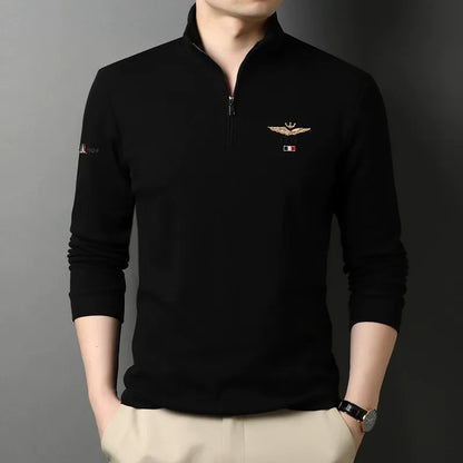 Men's Long Sleeve T-Shirt – Slim Fit – Cotton – Half Zipper – Embroidered Detail