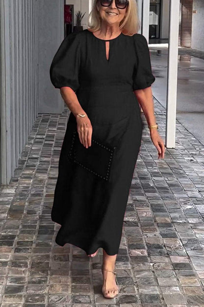 Dress women midi – relaxed fit – cotton – round neck – puff sleeves casual style