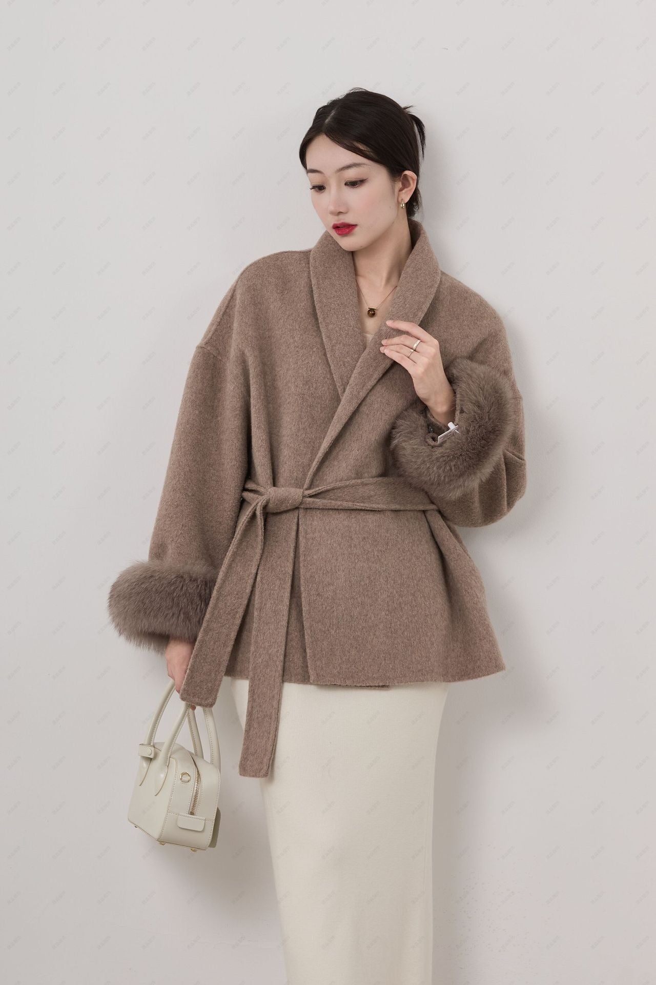 Women's Short Coat – Wool Blend – Relaxed Fit – Shawl Collar – Belt and Removable Cuffs