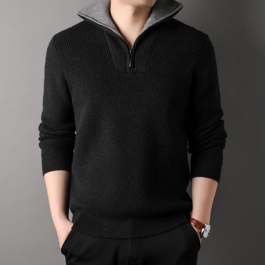 Men's Sweater – Relaxed Fit – Ribbed Knit Wool – High Neck with Zipper