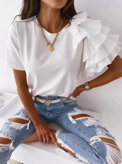 Women's T-shirt – Cotton Blend – Asymmetric Ruffle – Short Sleeve – Relaxed Fit