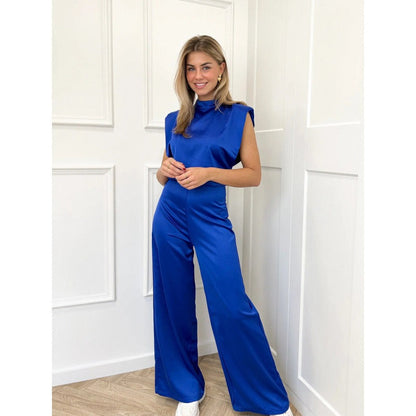 Women's jumpsuit – satin look – sleeveless – high neck – open back – wide legs