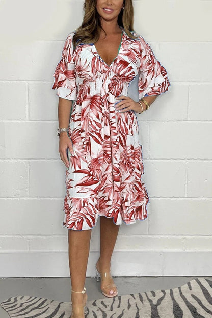 Dress for Women – Midi Length – Loose Fit – High Waist – Floral Print – V-Neck – Ruffle Sleeves