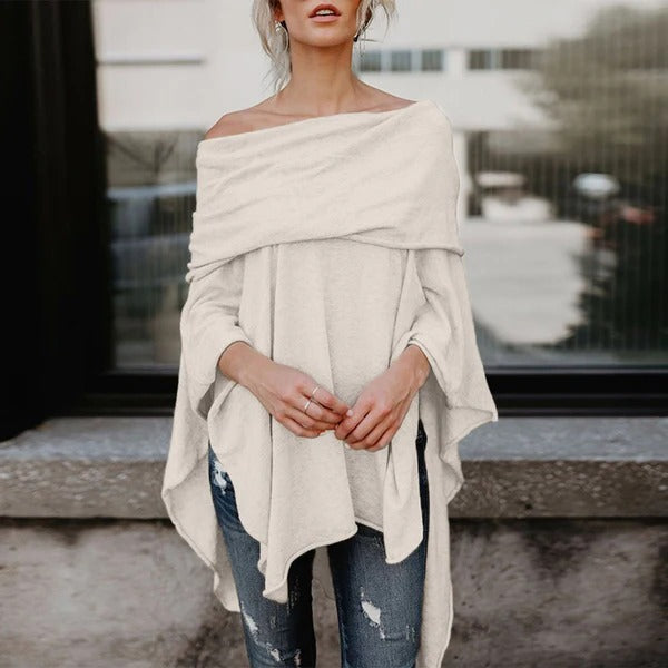 Women's Off Shoulder Top – Relaxed Fit – Asymmetric Hem – Soft Knitted Fabric