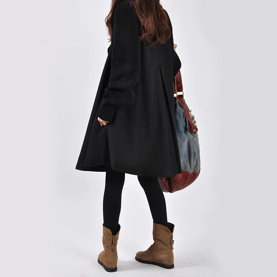 Women's Wool Coat – A-line Fit – High Ribbed Collar – Buttoning – Knee Length