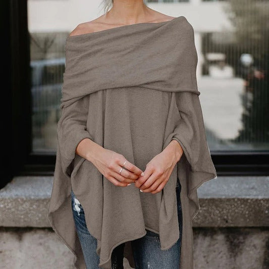 Women's Off Shoulder Top – Relaxed Fit – Asymmetric Hem – Soft Knitted Fabric