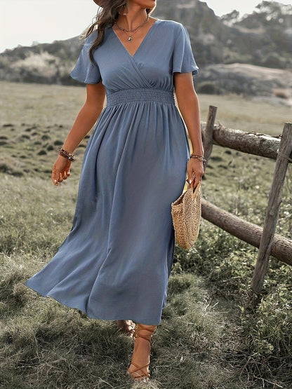 Dress for Women – Slim Fit – V-Neck – Trumpet Sleeves – Elastic Waist – Split Skirt