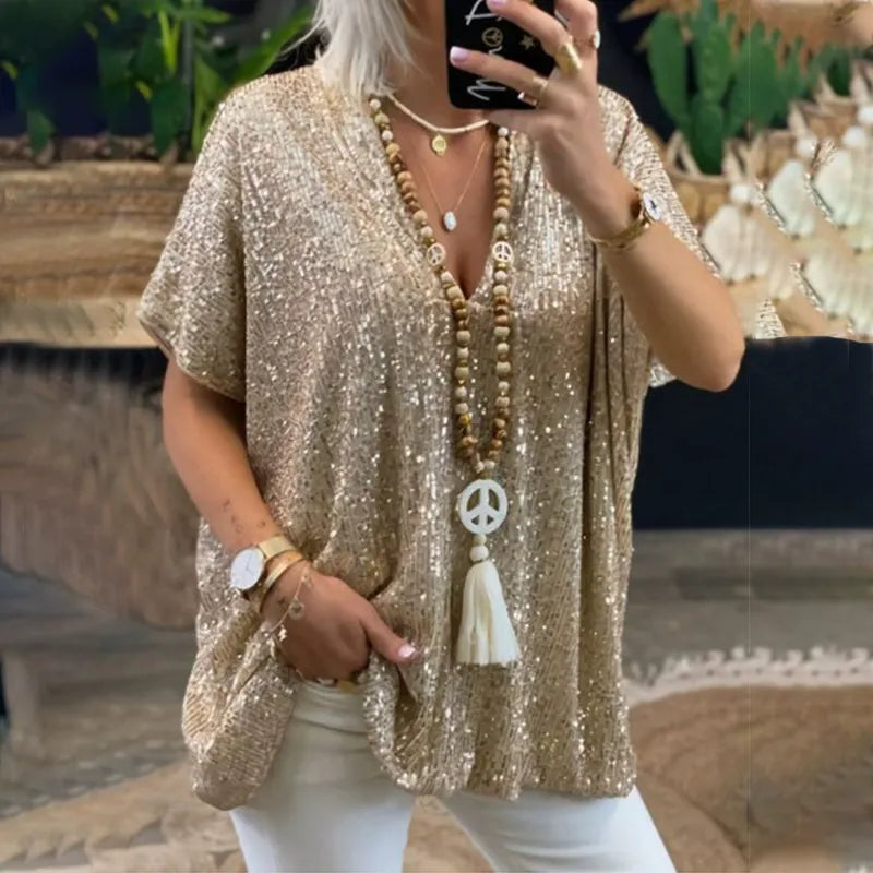 Women's T-shirt – V-neck – Relaxed fit – Sequin embellished – Short sleeve