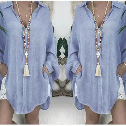 Women's blouse with long sleeves – Oversized fit – Linen and cotton – Relaxed style
