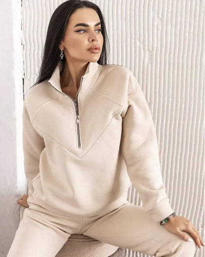 Women's Loungewear Set – Fleece – Relaxed Fit – Hoodie with Half-Zip – Joggers