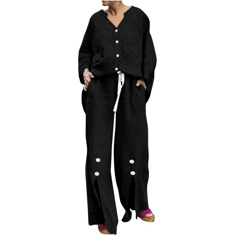Women's Set with Cardigan and Wide Pants – Relaxed Fit – V-neck – Soft Cotton Blend