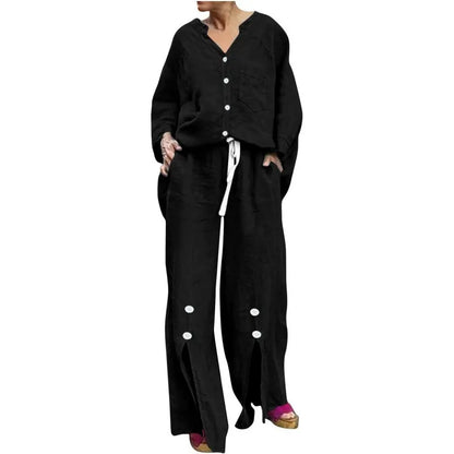 Women's Set with Cardigan and Wide Pants – Relaxed Fit – V-neck – Soft Cotton Blend