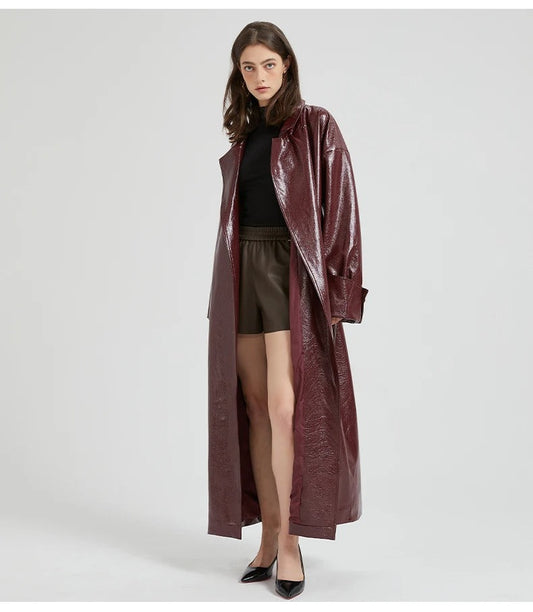 Women's Trench Coat – Plain Vegan Leather – Slim Fit – Ankle Length – Belt Included