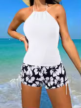 Women's Tankini Set – Halterneck Top – Backless Sleeveless – Floral Tie Shorts – Breathable Fabric