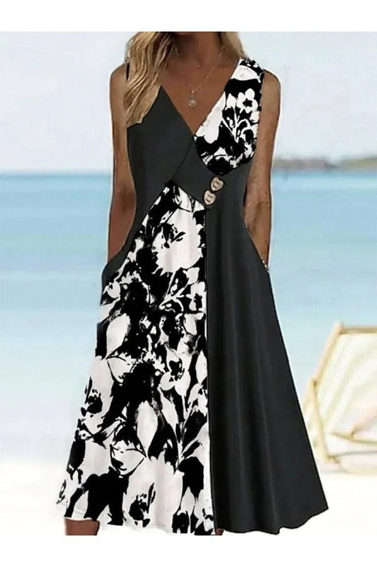 Women's Dress Midi – Relaxed Fit – Sleeveless A-Line – Breathable Fabric – With Pockets