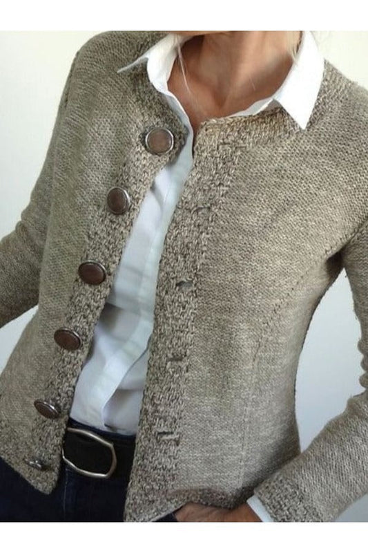 Women's Cardigan Sweater – Slim Fit – Wool Knit – Collarless – Long Sleeves – Buttoning