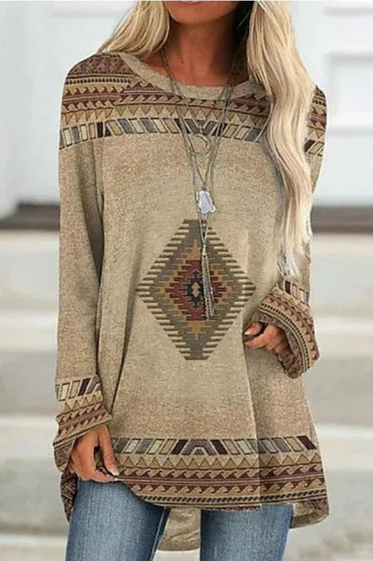 Women's Sweater – Relaxed Fit – Cotton Blend – Geometric Pattern – Round Neck