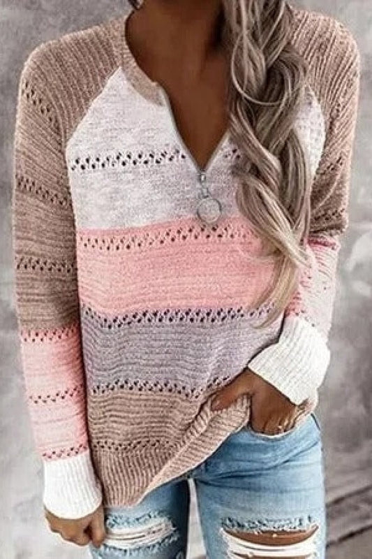 Women's Sweater – Relaxed Fit – Light Knit – Zipper Neck – Long Sleeves – Striped Pattern