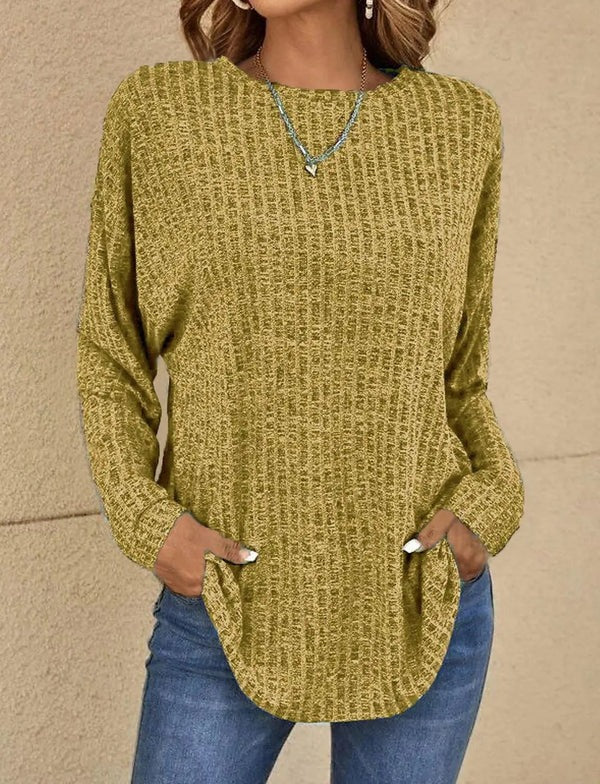 Women's Long-Sleeve Top – Relaxed Fit – Ribbed Knit – Hip-Length Everyday Use