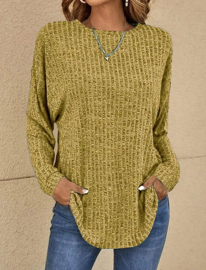 Women's Long-Sleeve Top – Relaxed Fit – Ribbed Knit – Hip-Length Everyday Use