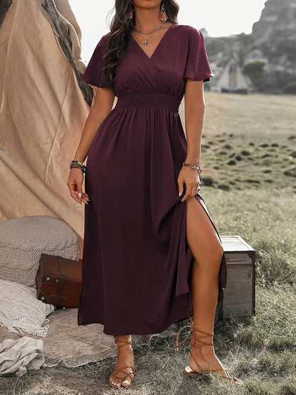 Dress for Women – Slim Fit – V-Neck – Trumpet Sleeves – Elastic Waist – Split Skirt
