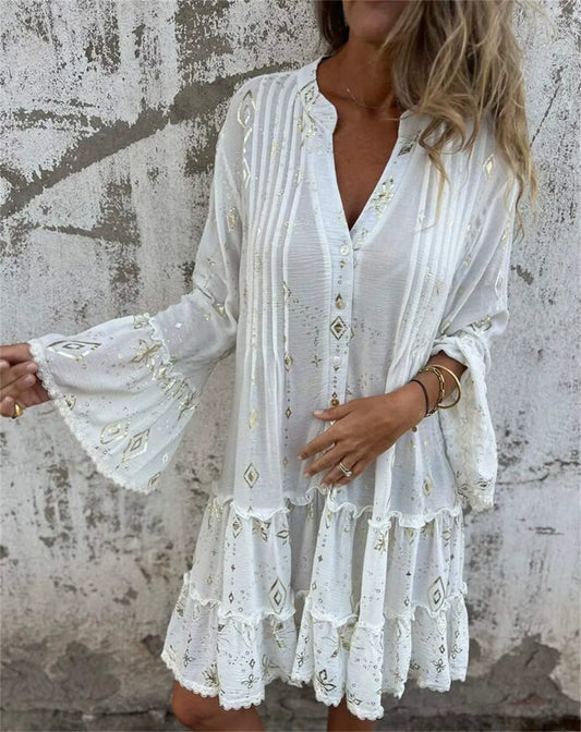 Dress Woman – Flattering Wide Fit – Lace Sleeves – Layered Hem – Metallic Decoration