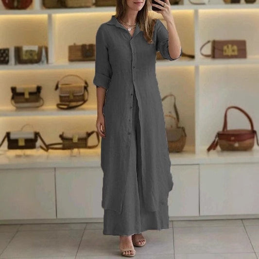 Women's Set with Shirt and Wide Pants – Relaxed Fit – Breathable Cotton