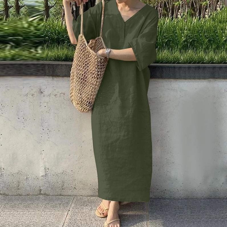 Dress woman – maxi dress in cotton linen – relaxed fit – v-neck – short sleeve