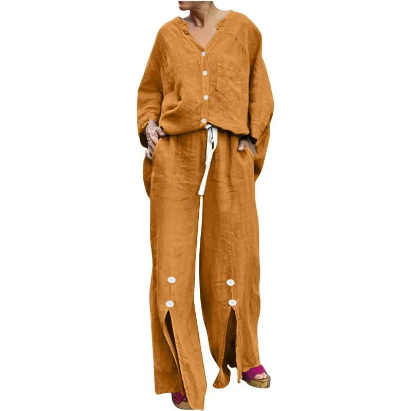 Women's Set with Cardigan and Wide Pants – Relaxed Fit – V-neck – Soft Cotton Blend