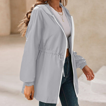 Women's Rain Jacket – Water-Repellent Lightweight Fabric – Adjustable Waist – Hood – Zipper