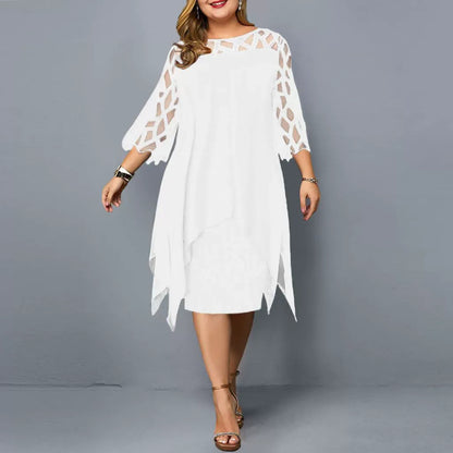Dress woman midi – Chiffon – Lace details – Asymmetric hem – 3/4 sleeve – Loose fit