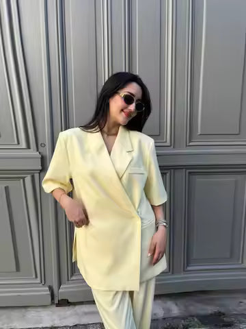 Women's Blazer – Loose Fit – Half-Length Sleeves – Cotton – Lapel – Button Front