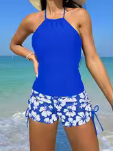 Women's Tankini Set – Halterneck Top – Backless Sleeveless – Floral Tie Shorts – Breathable Fabric