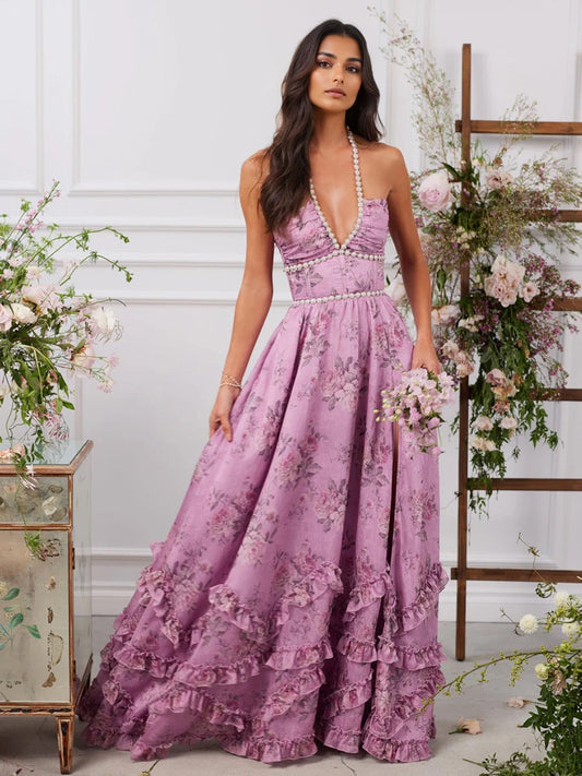 Dress for Women – A-line Maxi – Halterneck – Pearl Details – Flowers and Ruffles