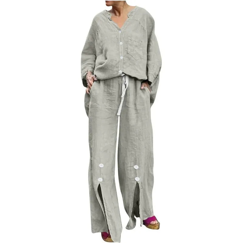 Women's Set with Cardigan and Wide Pants – Relaxed Fit – V-neck – Soft Cotton Blend