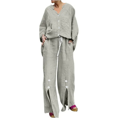 Women's Set with Cardigan and Wide Pants – Relaxed Fit – V-neck – Soft Cotton Blend
