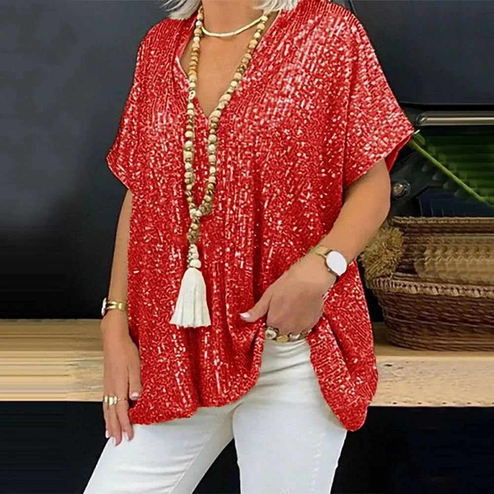 Women's T-shirt – V-neck – Relaxed fit – Sequin embellished – Short sleeve