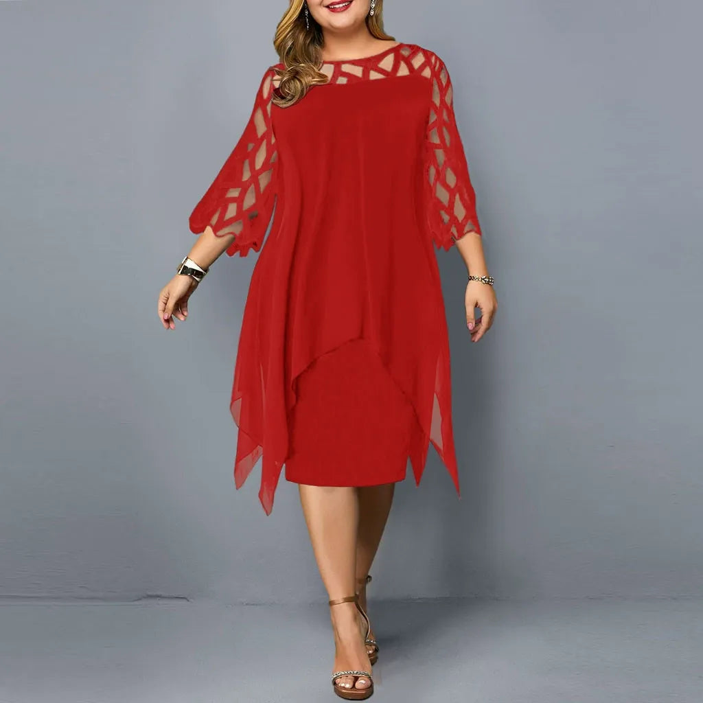 Dress woman midi – Chiffon – Lace details – Asymmetric hem – 3/4 sleeve – Loose fit